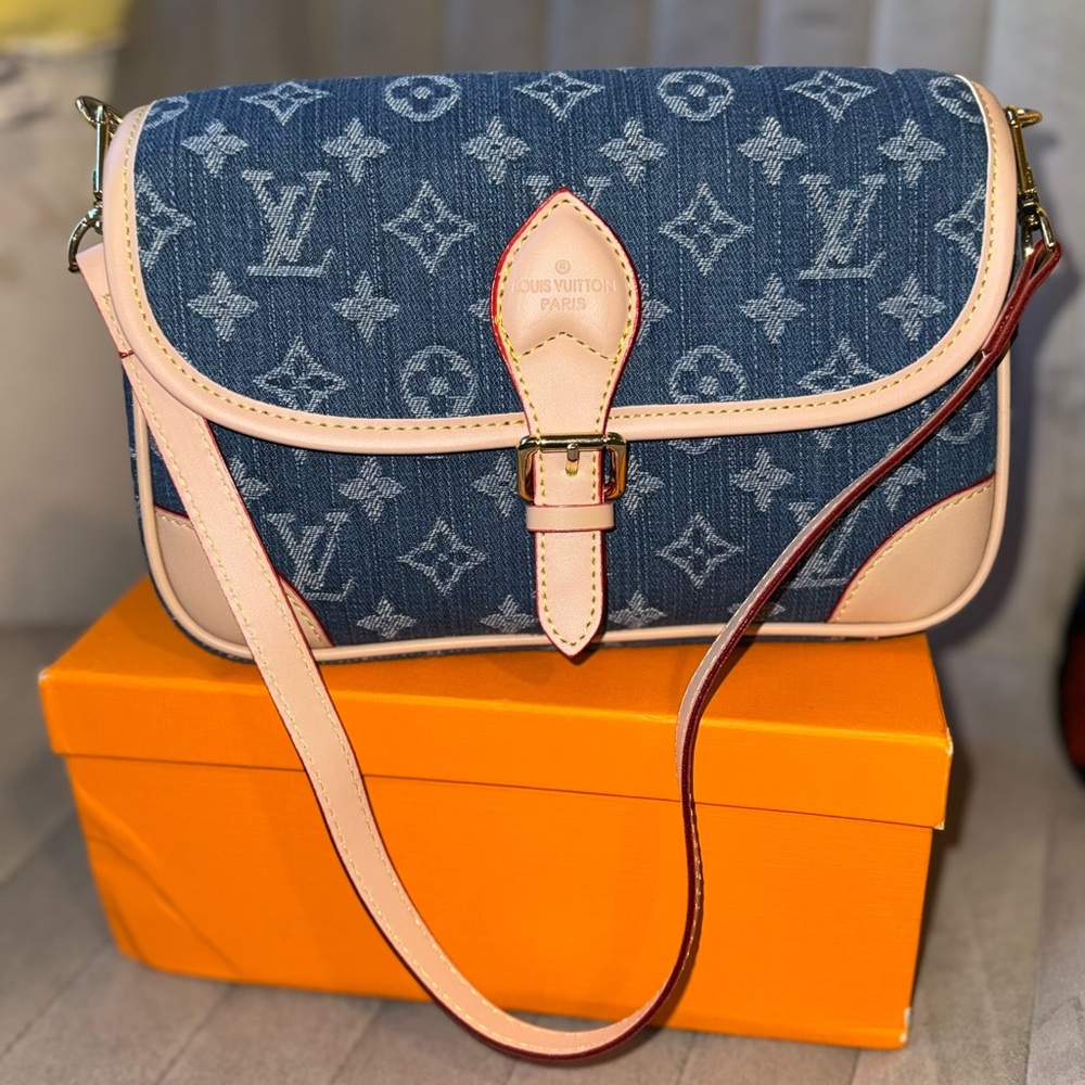 Beautiful denim Blue and Beige Monogram Crossbody Bag suede interior